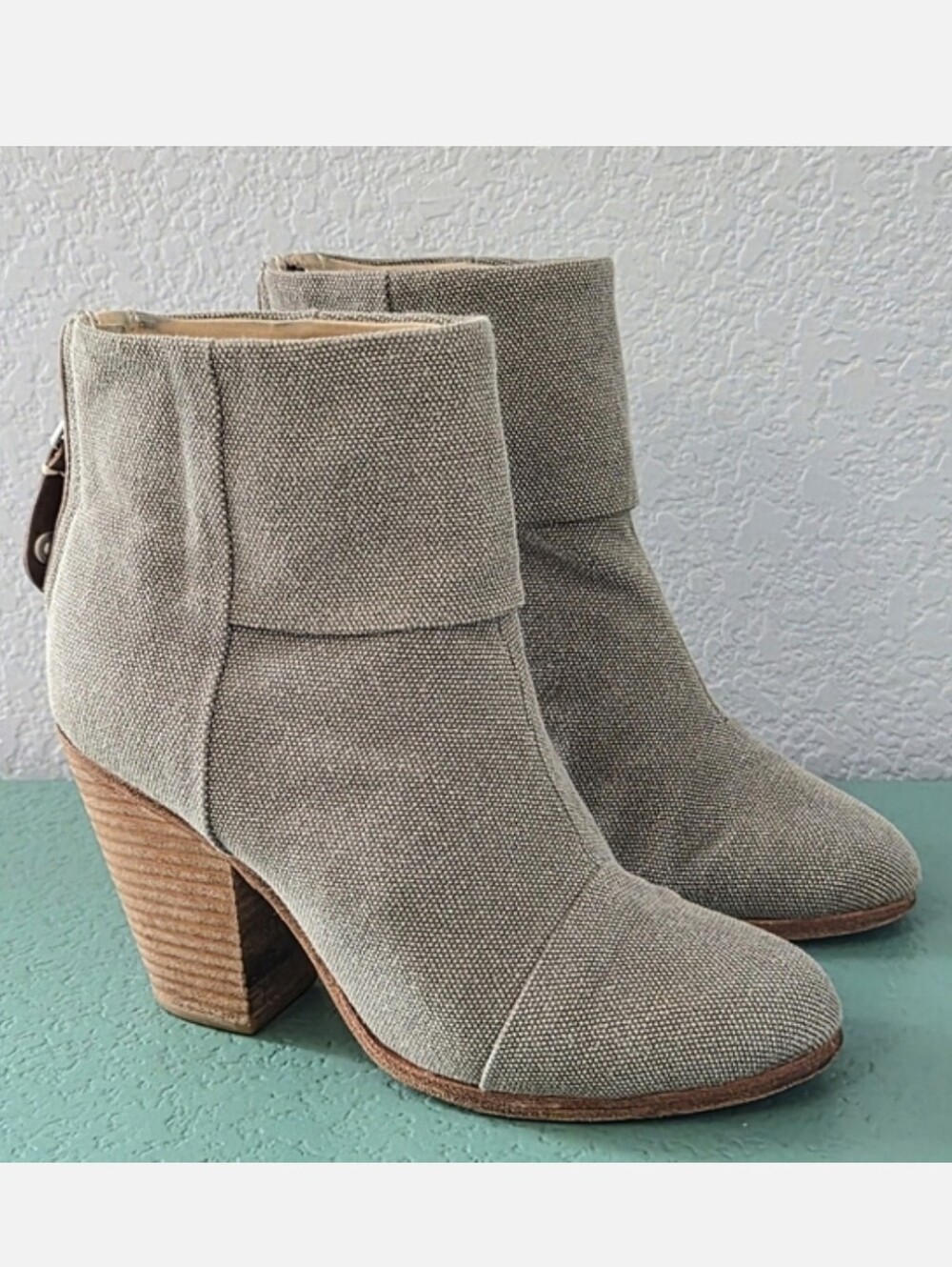 Rag & Bone Taupe Canvas Ankle Boots Stacked Heel Boho Indie Size 7